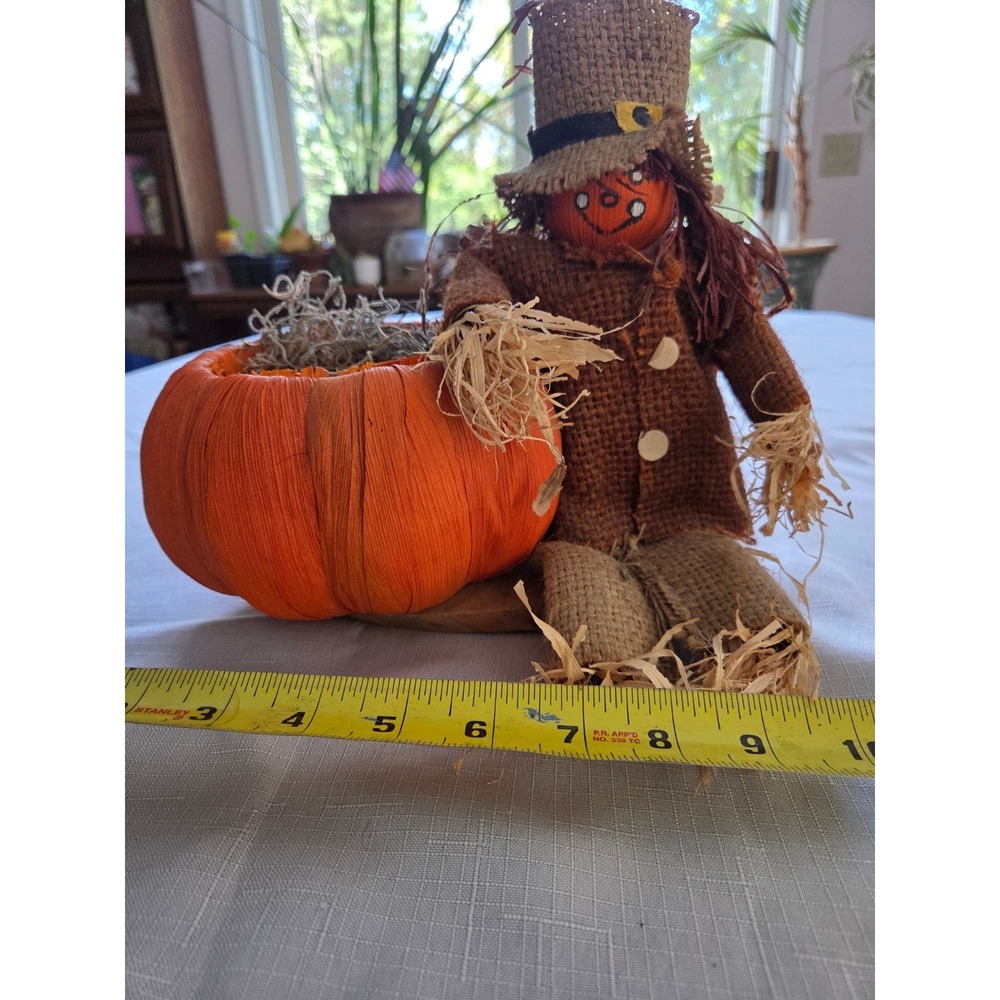 Rustic Fall Scarecrow with Pumpkin Planter Burlap Autumn Harvest Decor 12in - Picture 2 of 4